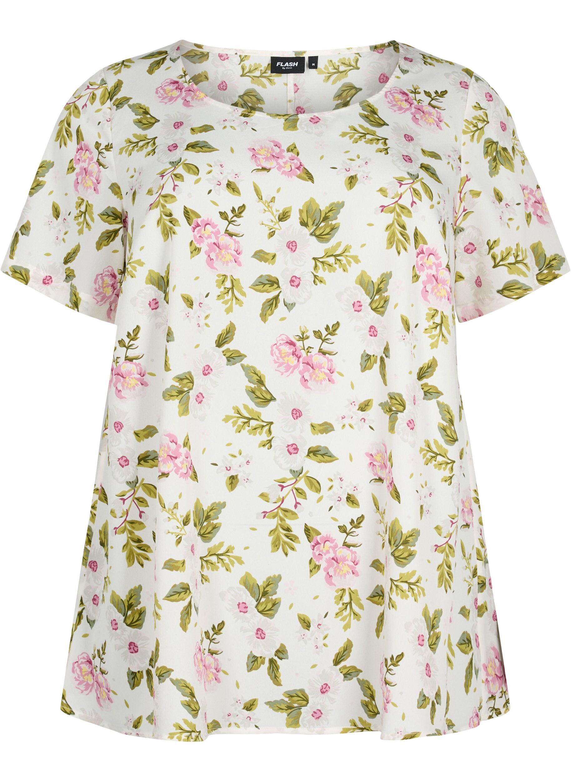 Zizzi	 FLASH - Blouse met korte mouwen en print, Off White Flower, Packshot image number 0