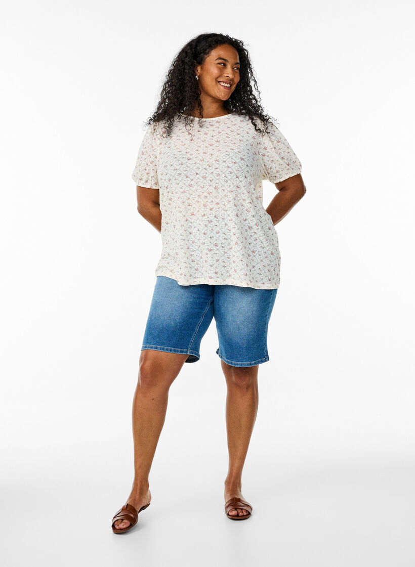 Jersey blouse met korte mouwen en bloemenprint, Wit, Model image number 1