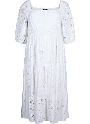 Robe longue avec un motif en dentelle et une encolure carrée, Bright White, Packshot image number 0