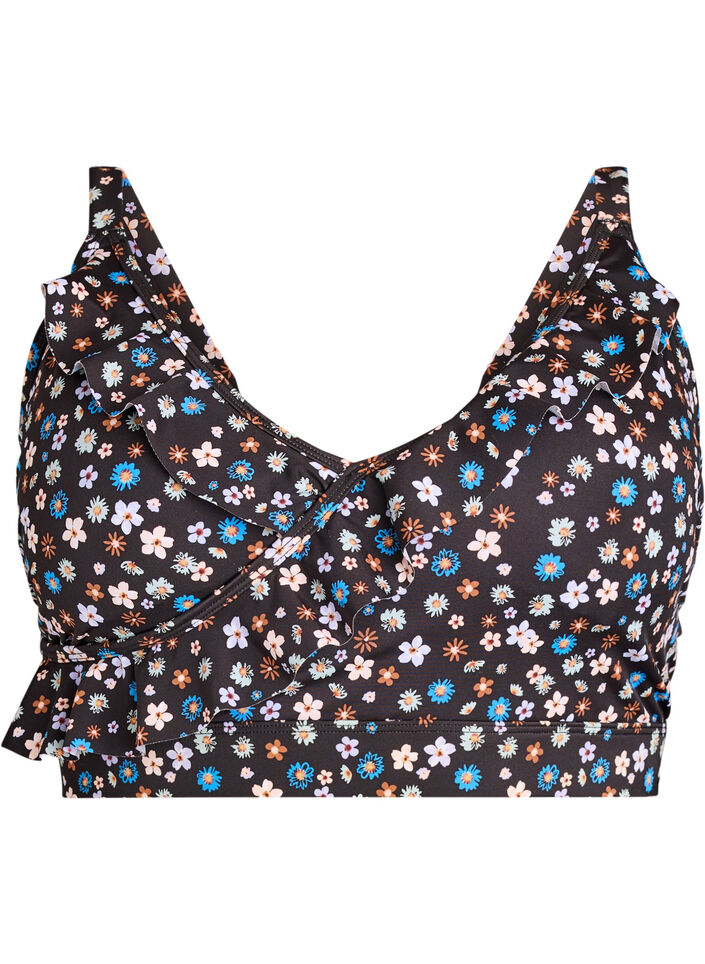 Bloemen bikinitop met ruches, Bruin, Packshot image number 0