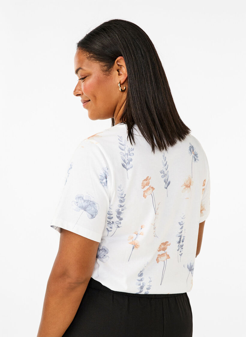 T-shirt en coton biologique avec imprimé floral, White W. Blue flower, Model image number 1