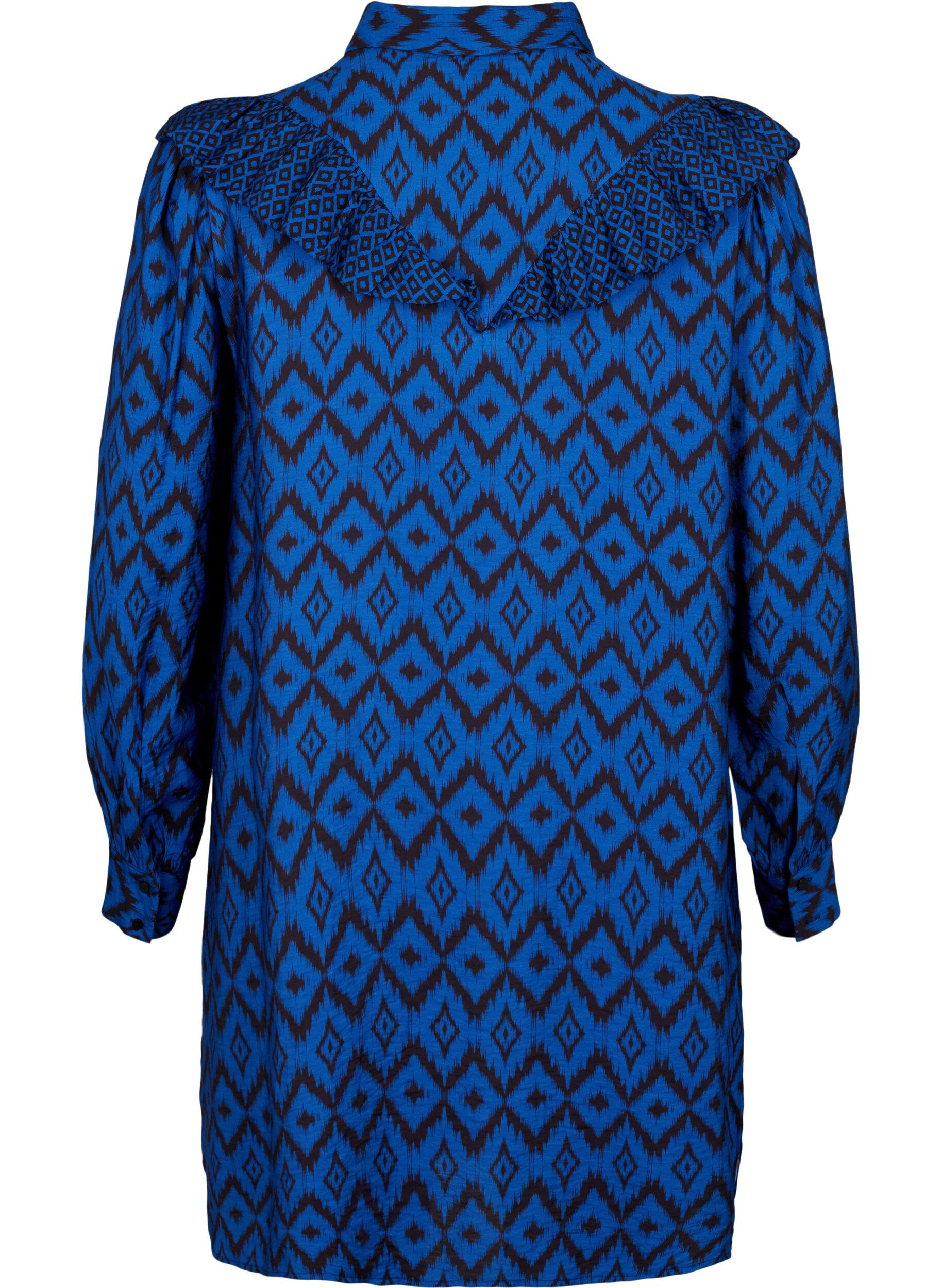 ZizziLange viscose shirt met print en franjes, True blue w. Black, Packshot image number 1
