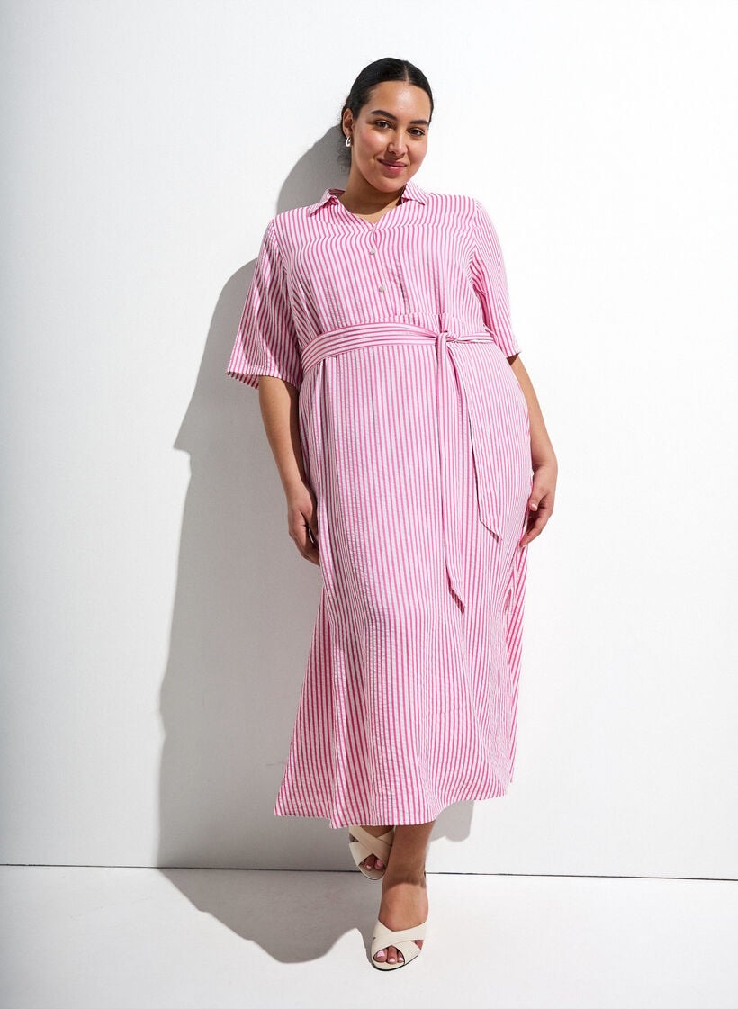 Robe-chemise longue jusqu&rsquo;aux chevilles avec ceinture &agrave; nouer et rayures, Rose, Image image number 0