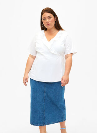 Halflange denim rok met split aan de achterkant, Denim Blue, Model image number 0