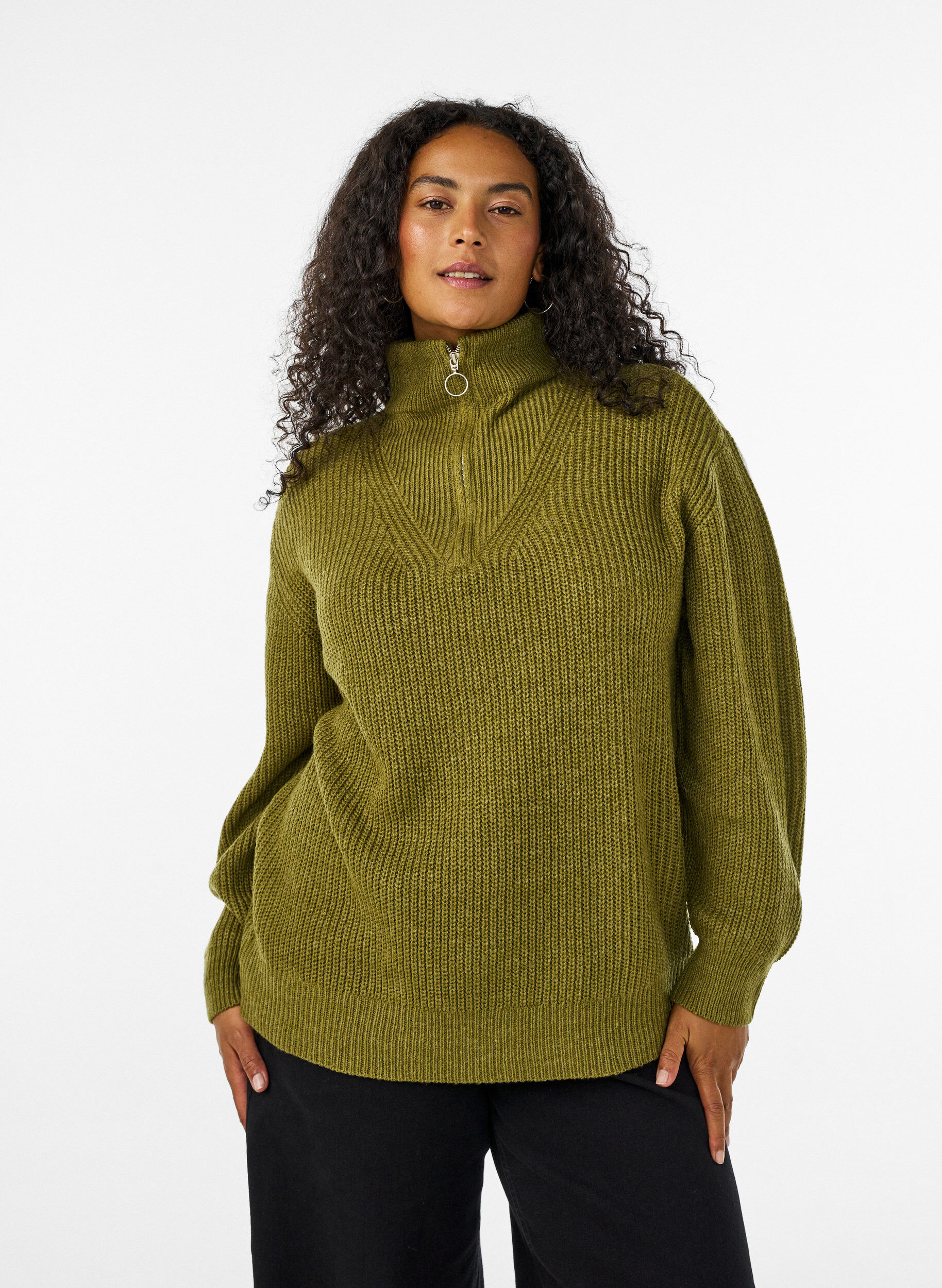 ZizziPull en tricot avec col haut et fermeture &eacute;clair, Vert, Model image number 0