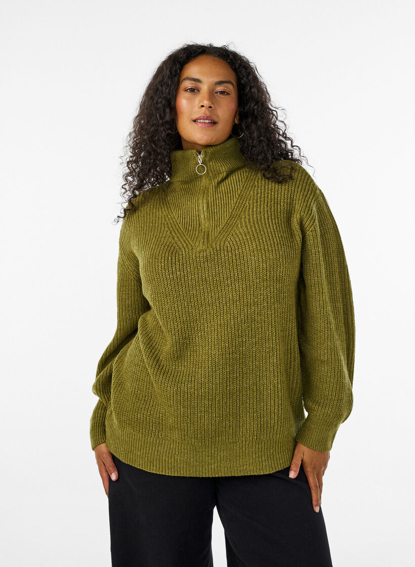 Pull en tricot avec col haut et fermeture &eacute;clair, Vert, Model image number 0