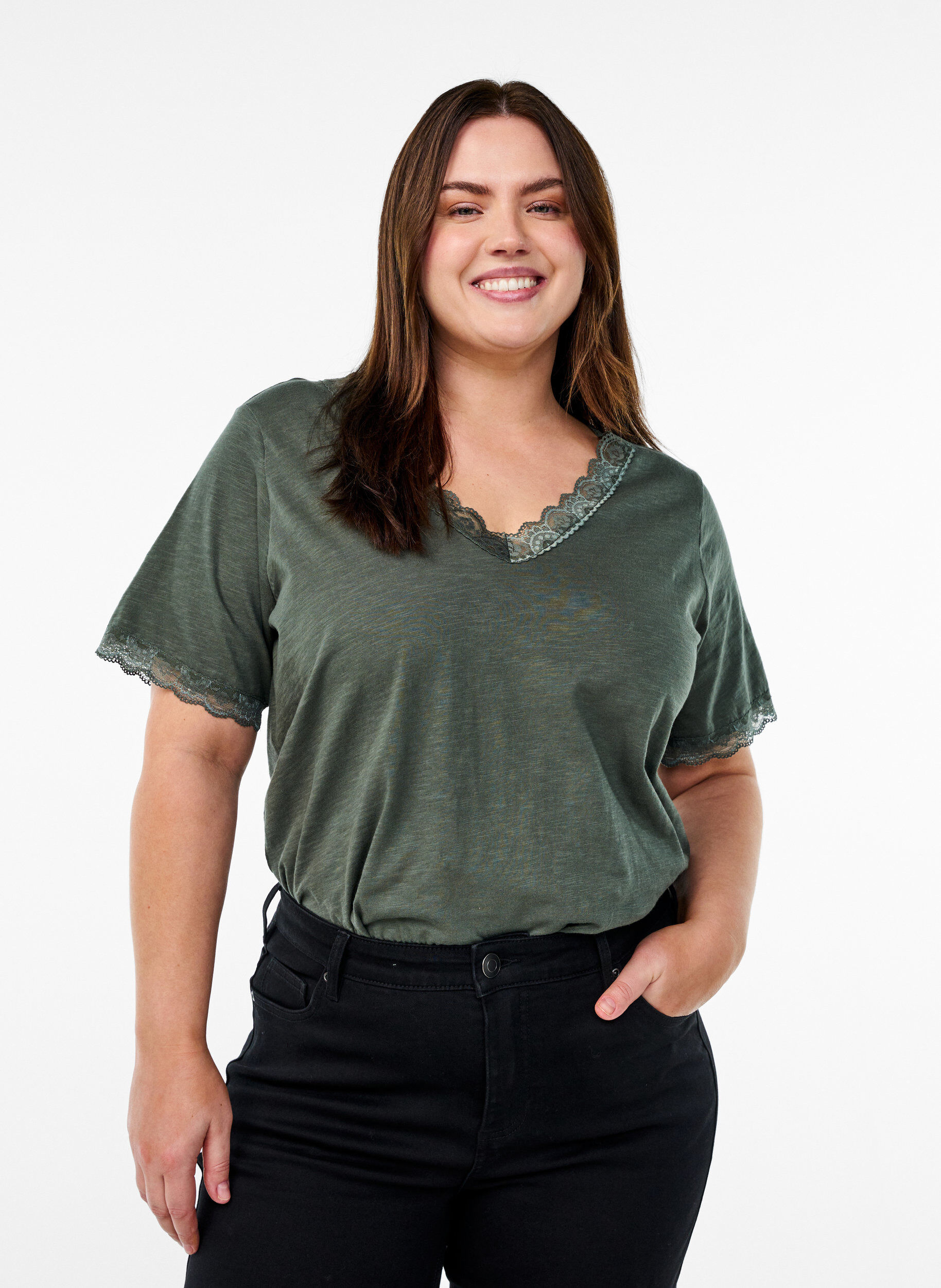 Zizzi T-shirt avec finitions en dentelle, Vert, Model image number 0