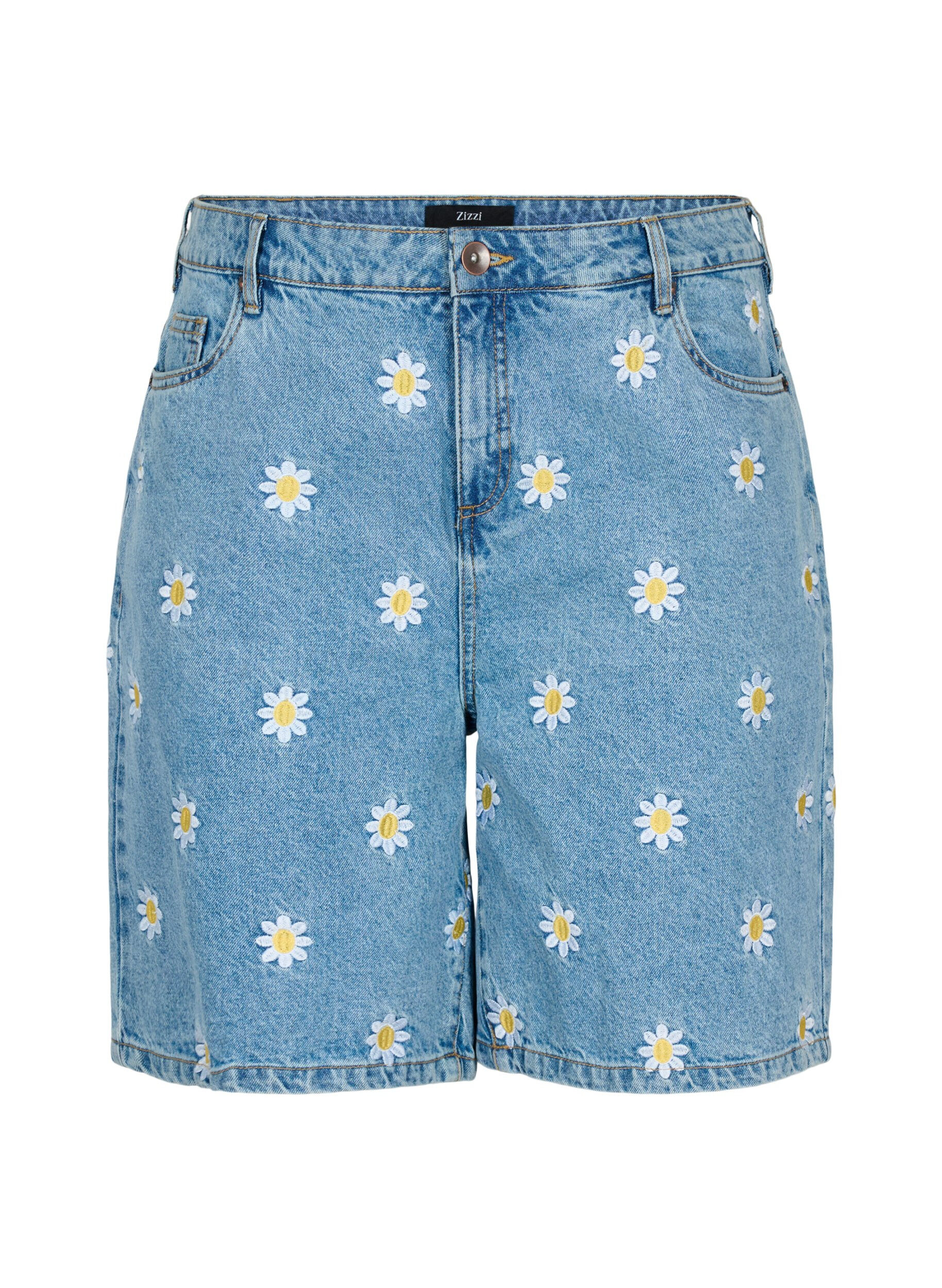 ZizziHoog getailleerde Mille short met geborduurde bloemen, Light Blue Flower, Packshot image number 0