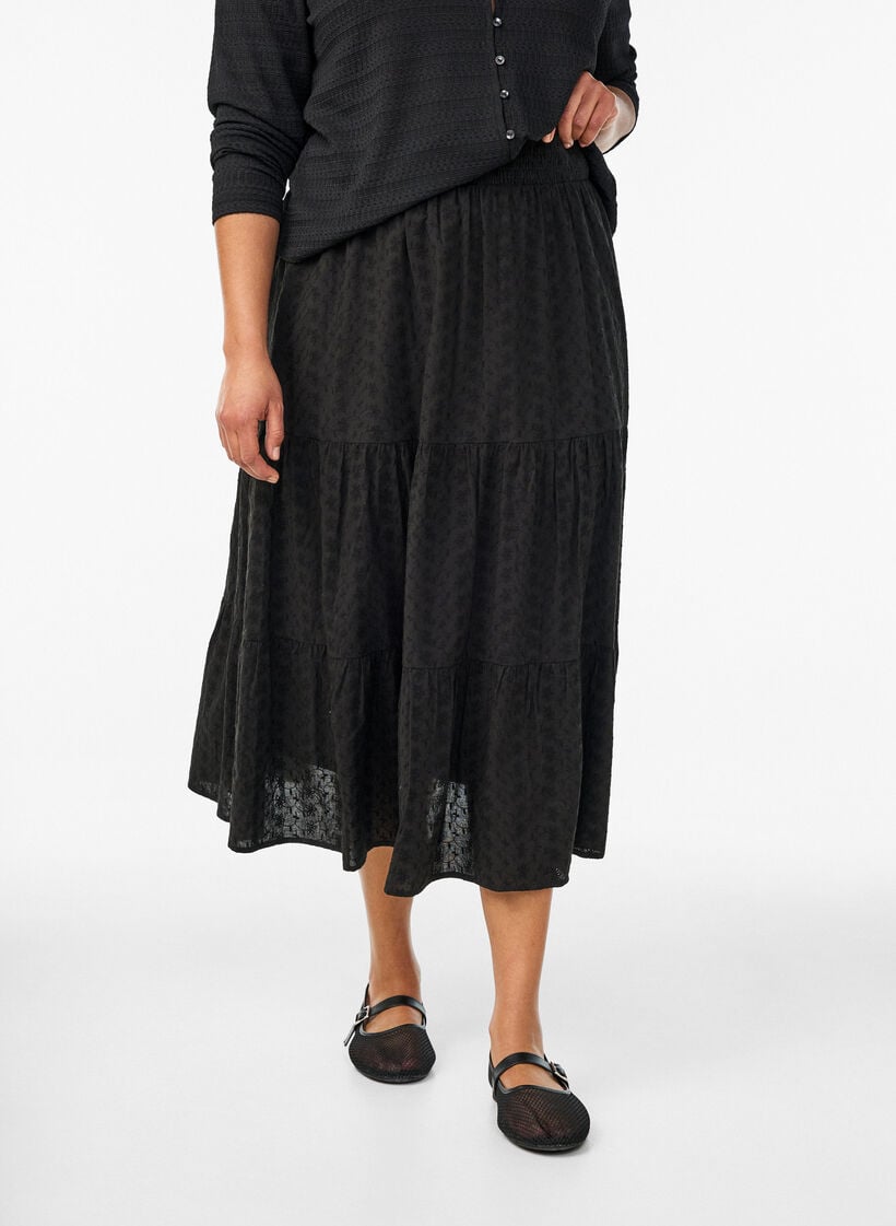 Enkellange katoenen rok met gesmokte taille, Zwart, Model image number 2