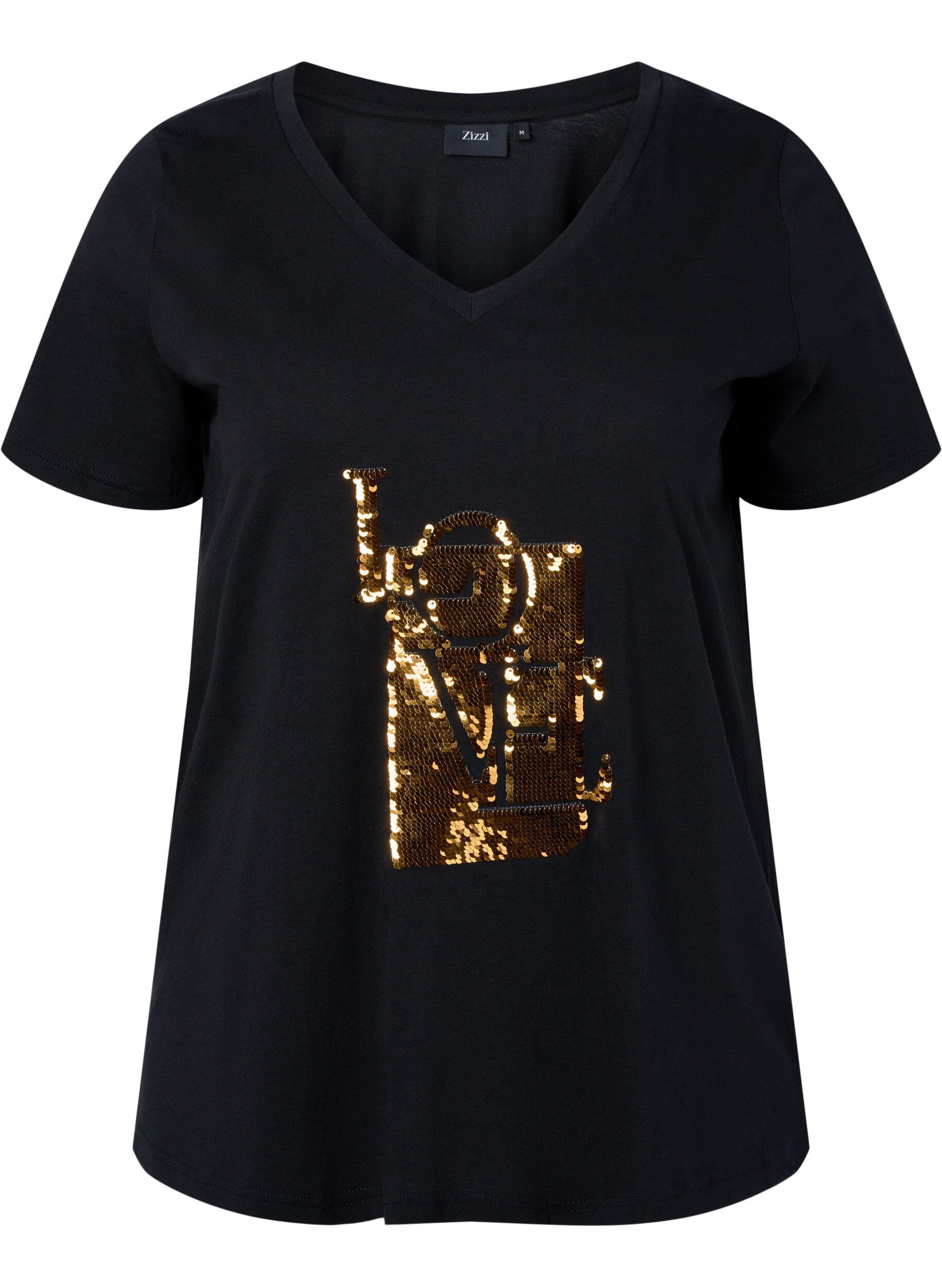 ZizziKatoenen T-shirt met pailletten, Black w. Love, Packshot image number 0