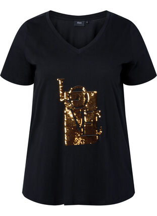 Katoenen T-shirt met pailletten, Black w. Love, Packshot image number 0