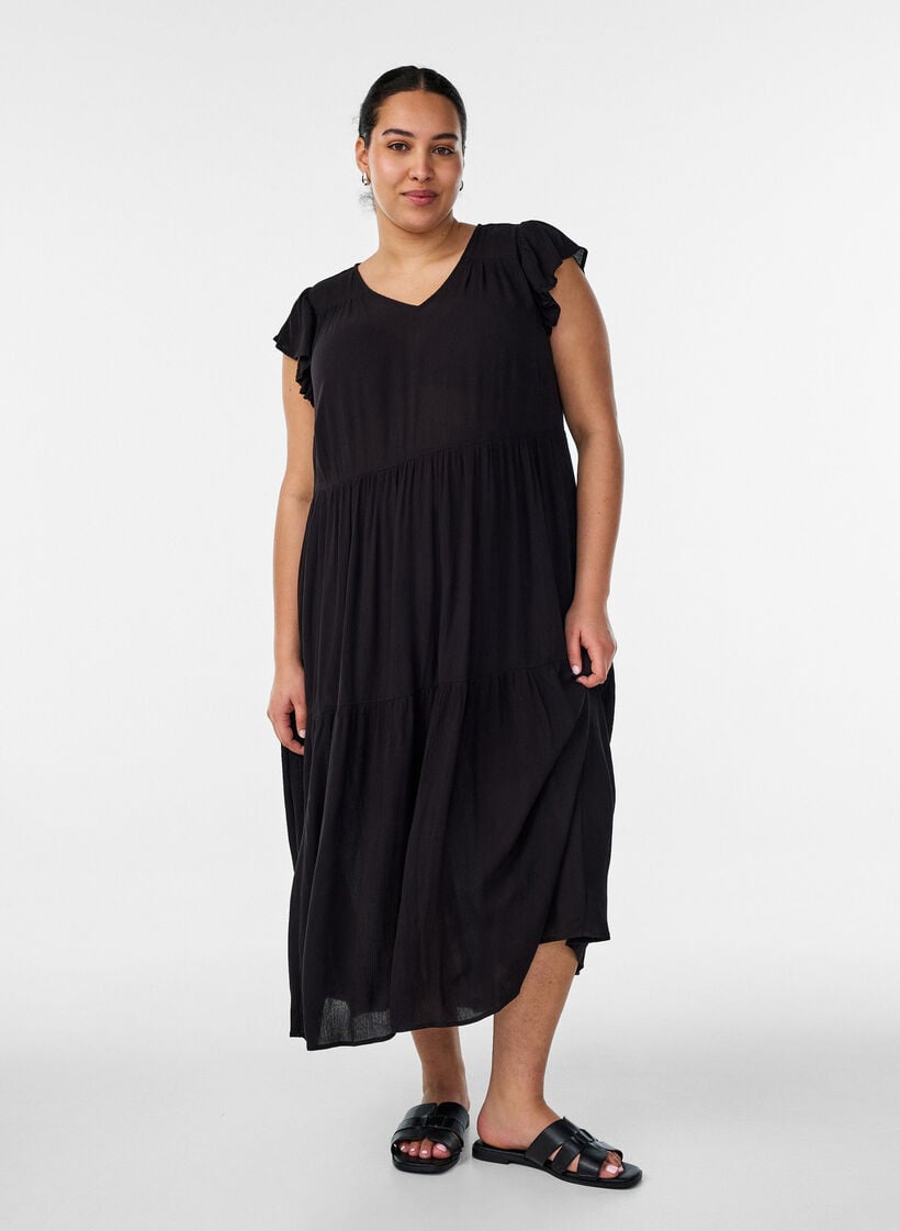 Midi jurk van viscose met ruches mouwen, Zwart, Model image number 0