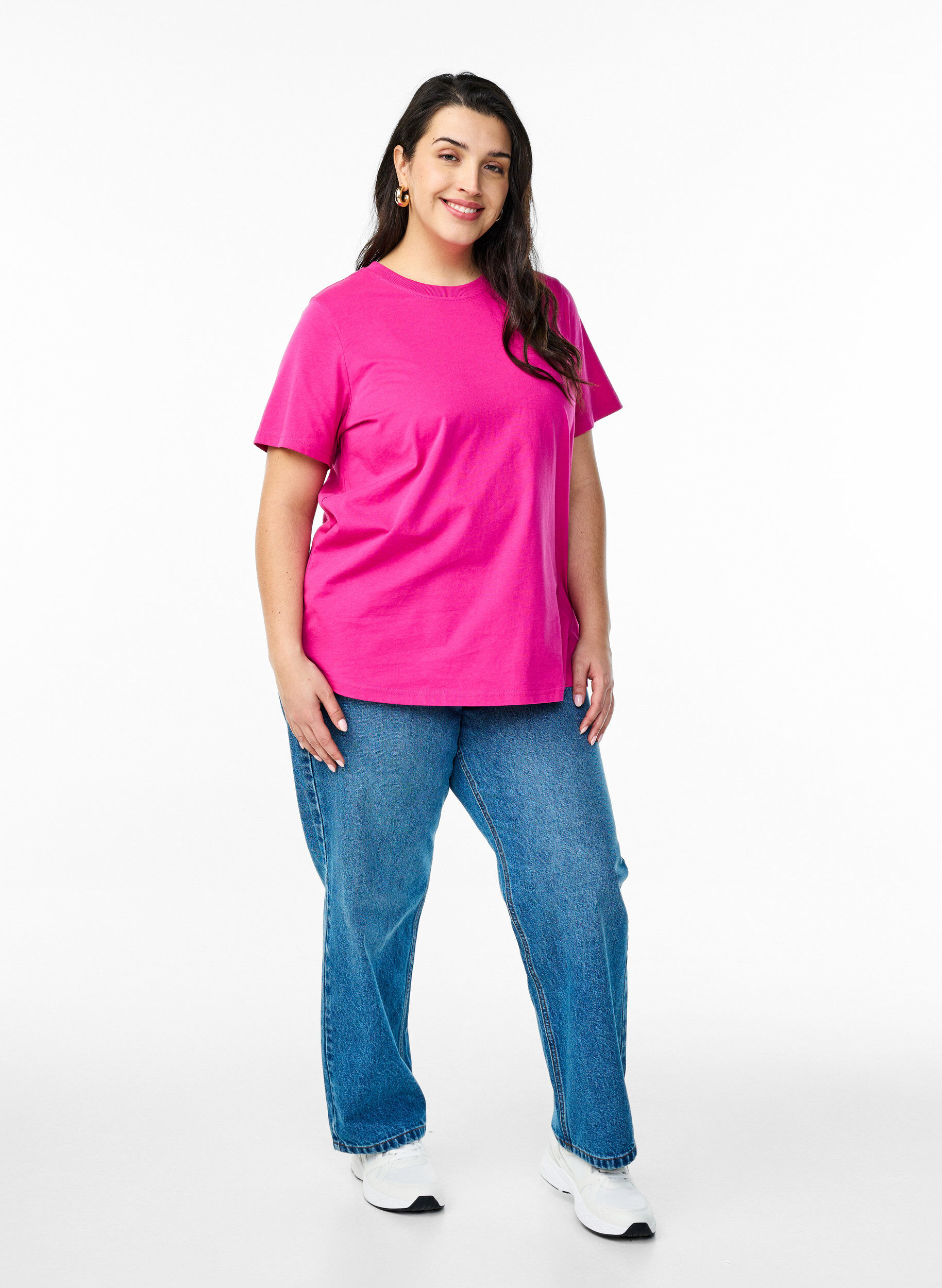 ZizziBasic katoenen T-shirt met ronde hals, Roze, Model image number 1