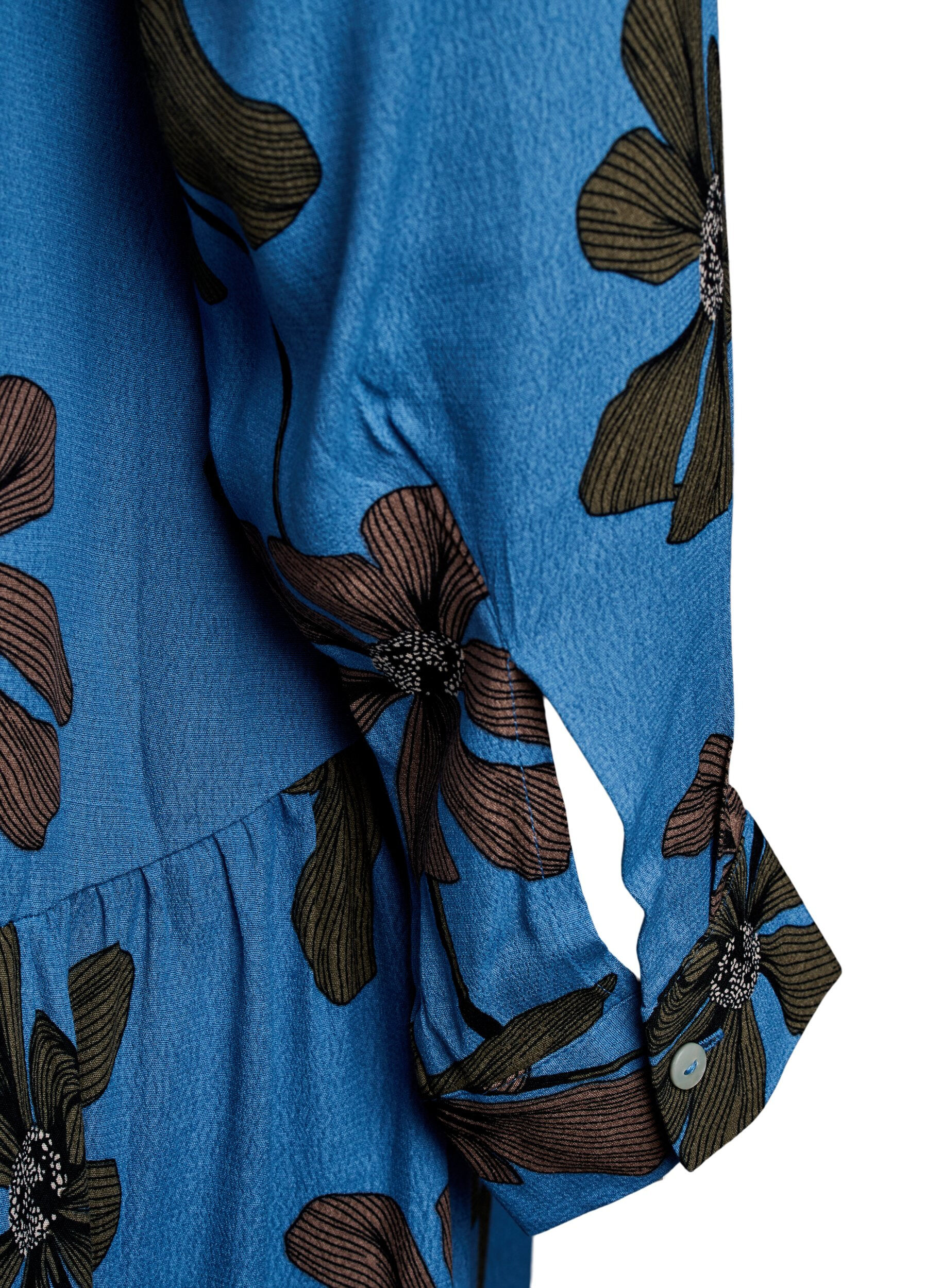 ZizziBedrukte viscose midi-jurk met lange mouwen, Blauw, Packshot image number 3