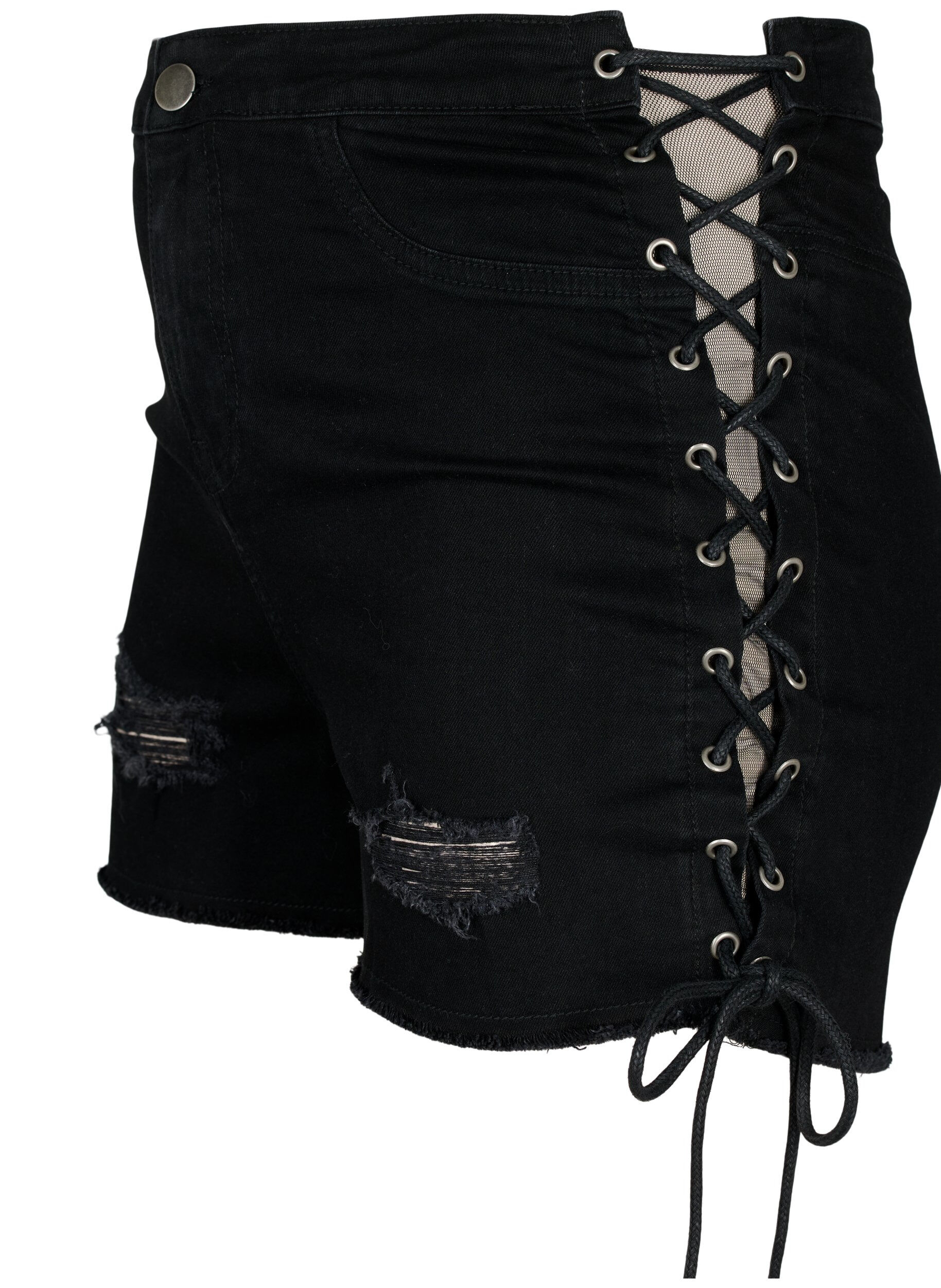 ZizziGescheurde denim shorts met trekkoord, Black Denim, Packshot image number 2