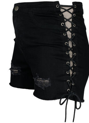 Gescheurde denim shorts met trekkoord, Black Denim, Packshot image number 2