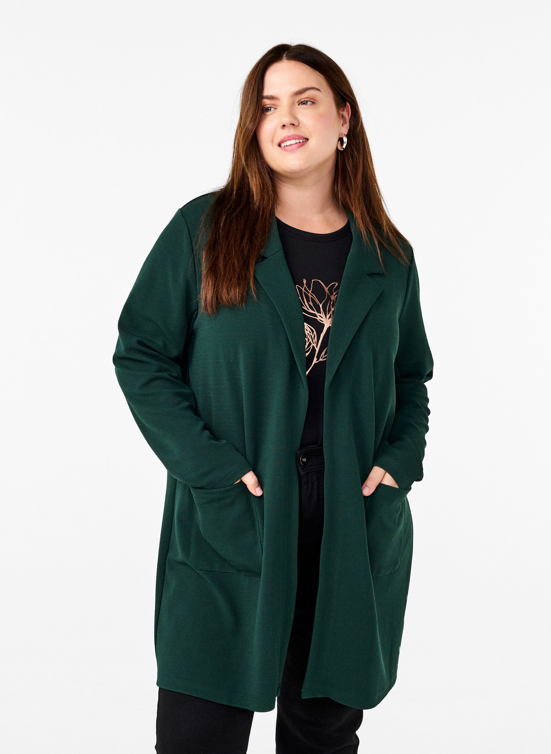 Blazer long avec des poches, Vert fonc&eacute;, Model
