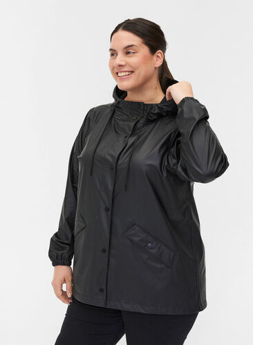 Veste de pluie courte avec capuche et fermeture boutonnée, Black, Model image number 0