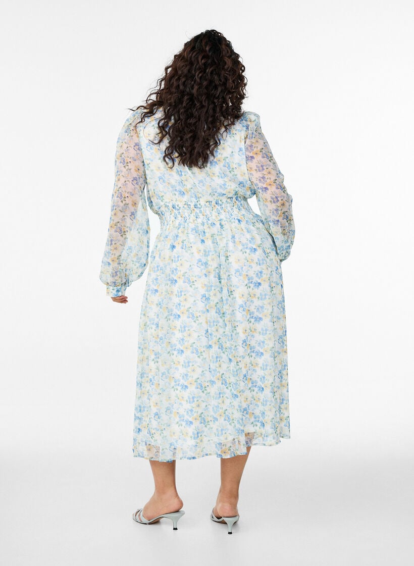 Robe midi fleurie avec effet portefeuille et smocks, Bleu Clair, Model image number 1