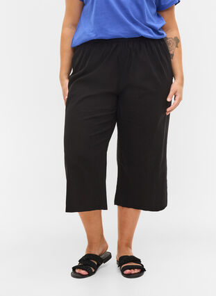 Pantalon 7/8 en coton et lin mélangés, Black, Model image number 2