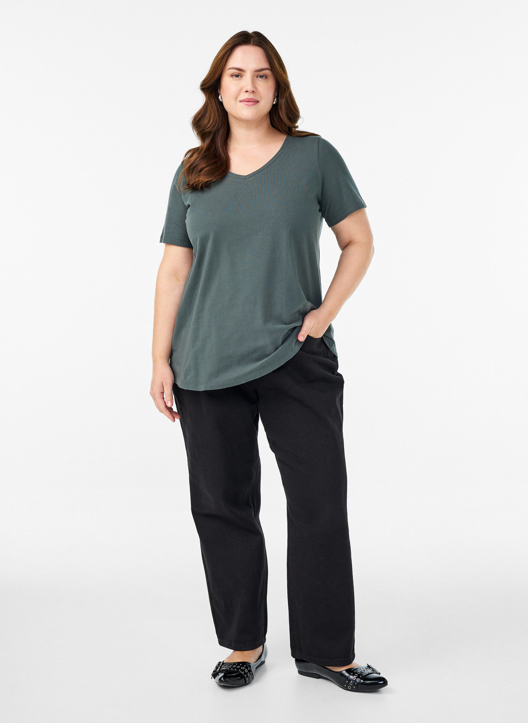 ZizziBasic t-shirt in effen kleur met katoen, Groen, Model image number 1