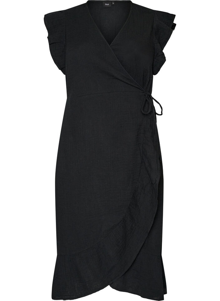 Robe portefeuille en mousseline de coton avec volants, Noir, Packshot image number 0