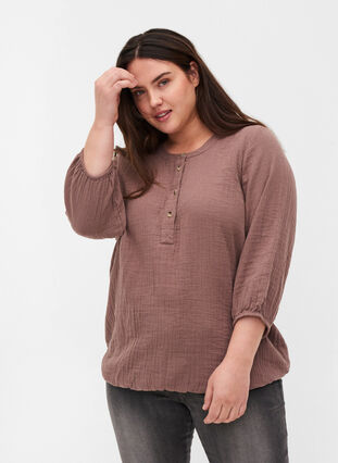 Katoenen blouse met knopen en 3/4-mouwen, Deep Taupe, Model image number 0