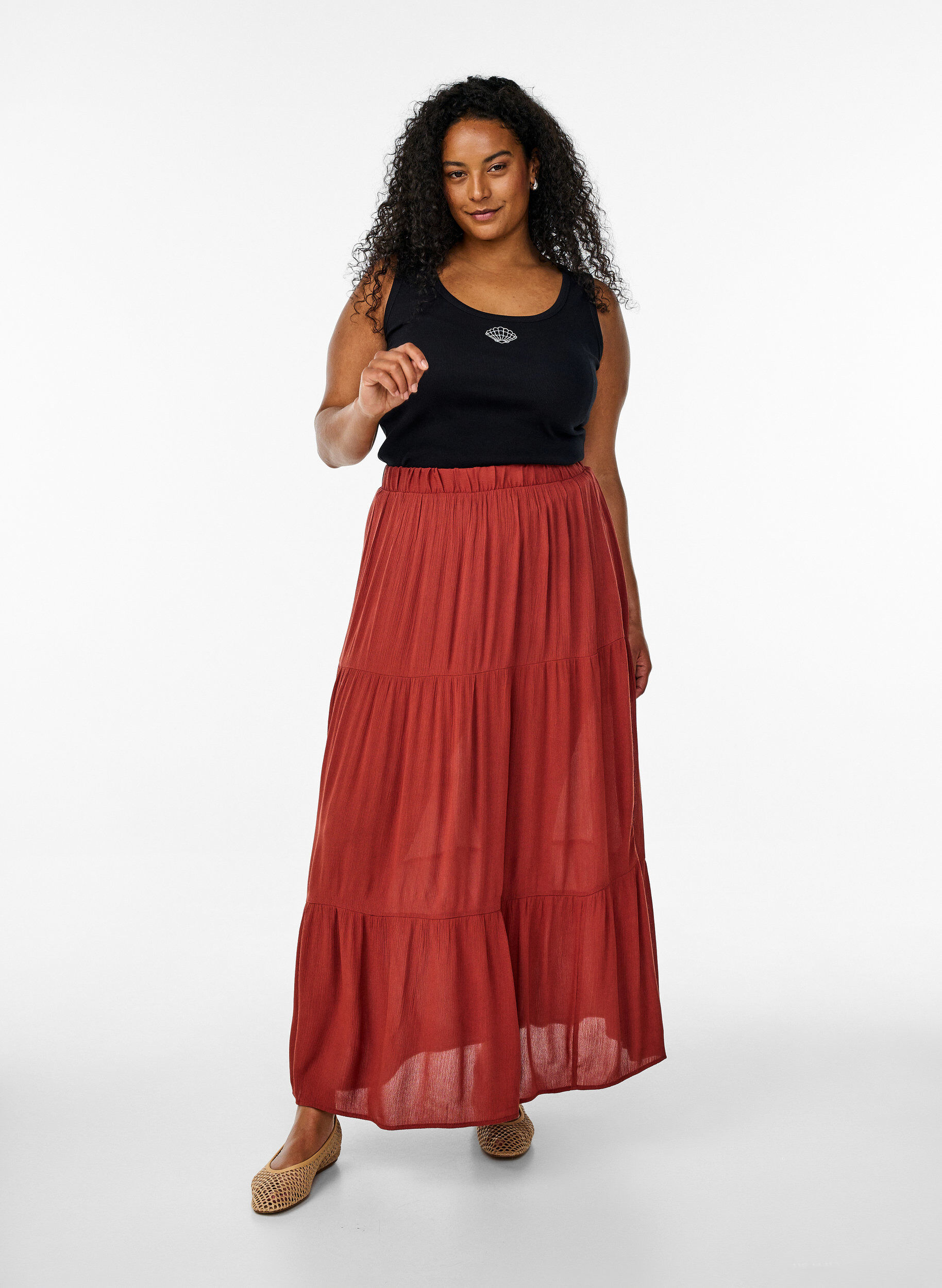 ZizziJupe longue &agrave; taille &eacute;lastiqu&eacute;e, Rouge, Model image number 0