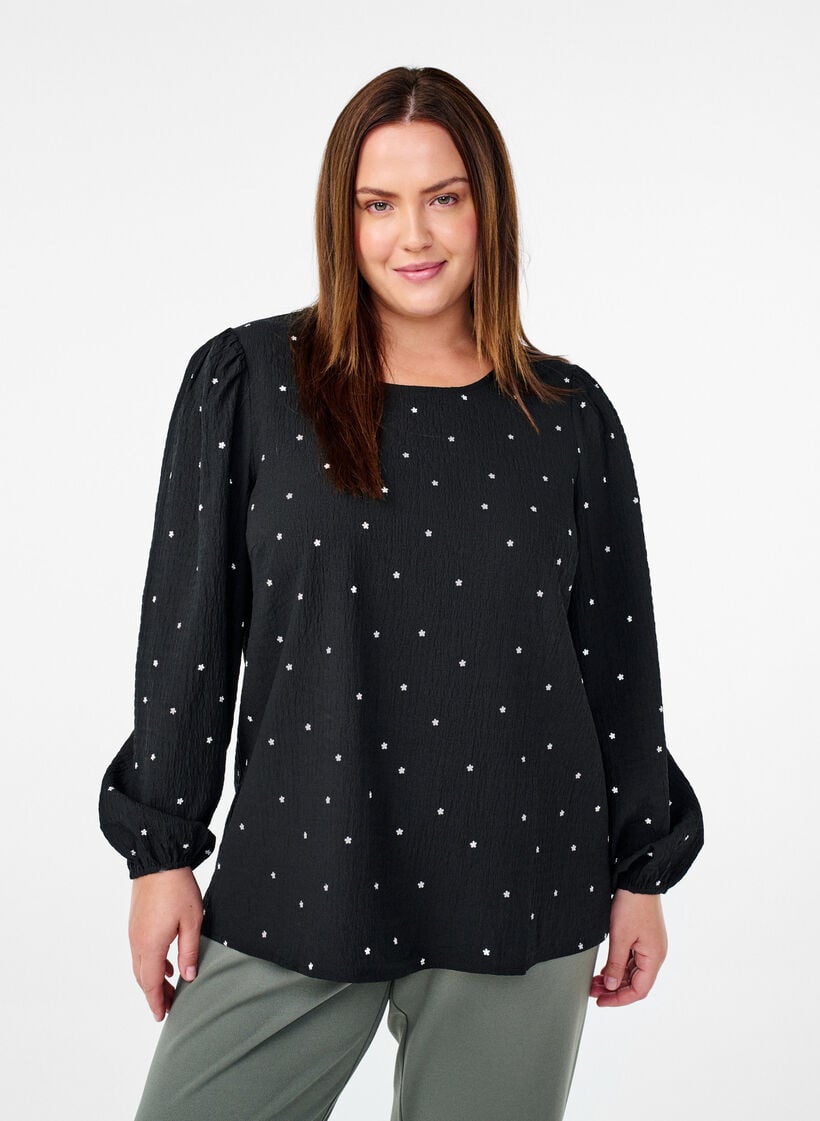 FLASH - Blouse met lange mouwen en kleine bloemen, Black White Flower, Model image number 0