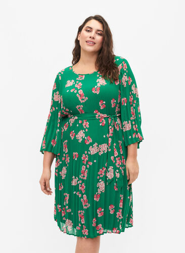 Robe plissée imprimée avec lien à nouer, Jolly Green Flower, Model image number 0