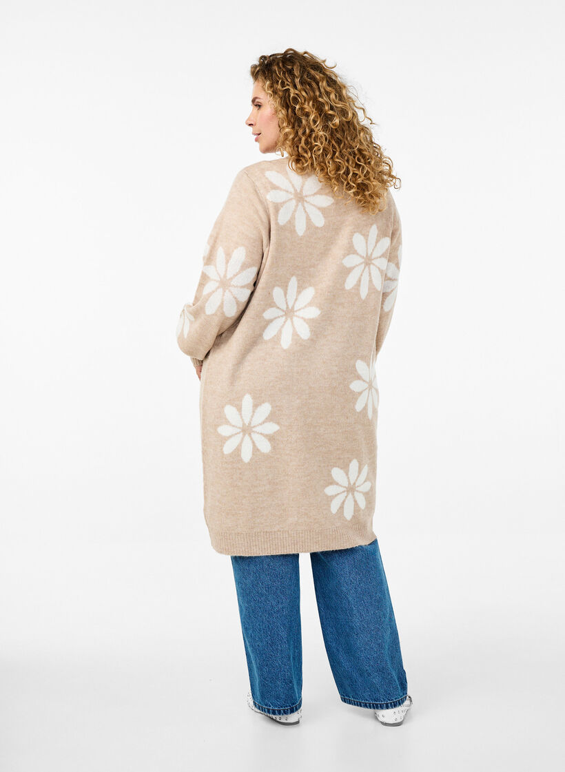 Lange cardigan met bloemen breisel, Simply Taupe Comb, Model image number 1