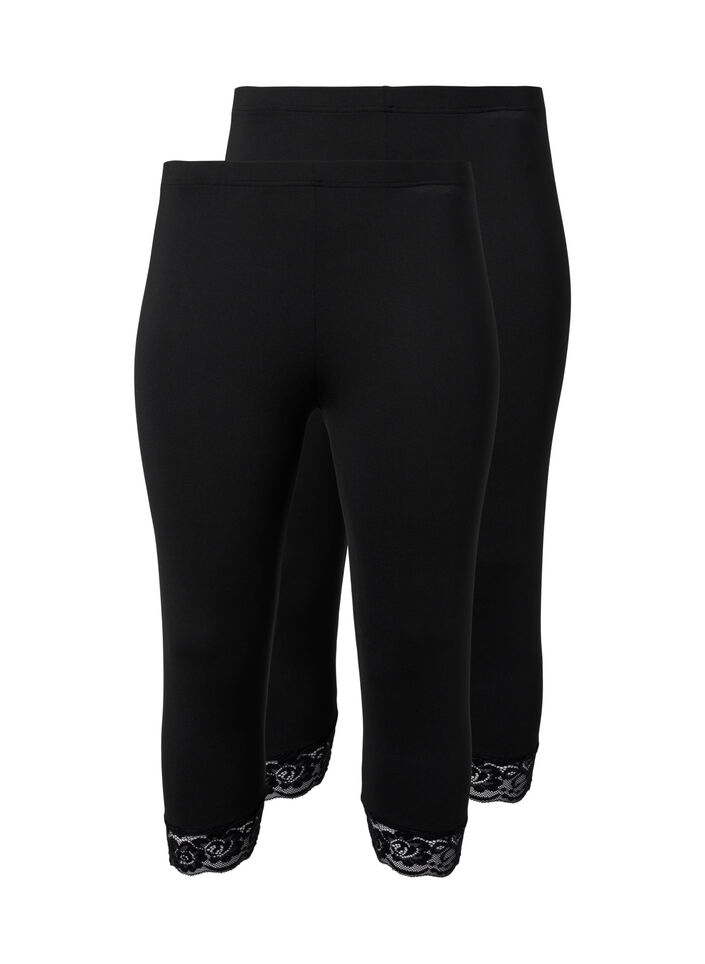 2 paar 3/4 leggings met kanten randje, Black / Black, Packshot image number 0