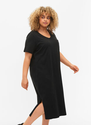 Katoenen jurk met korte mouwen en split, Black, Model image number 2