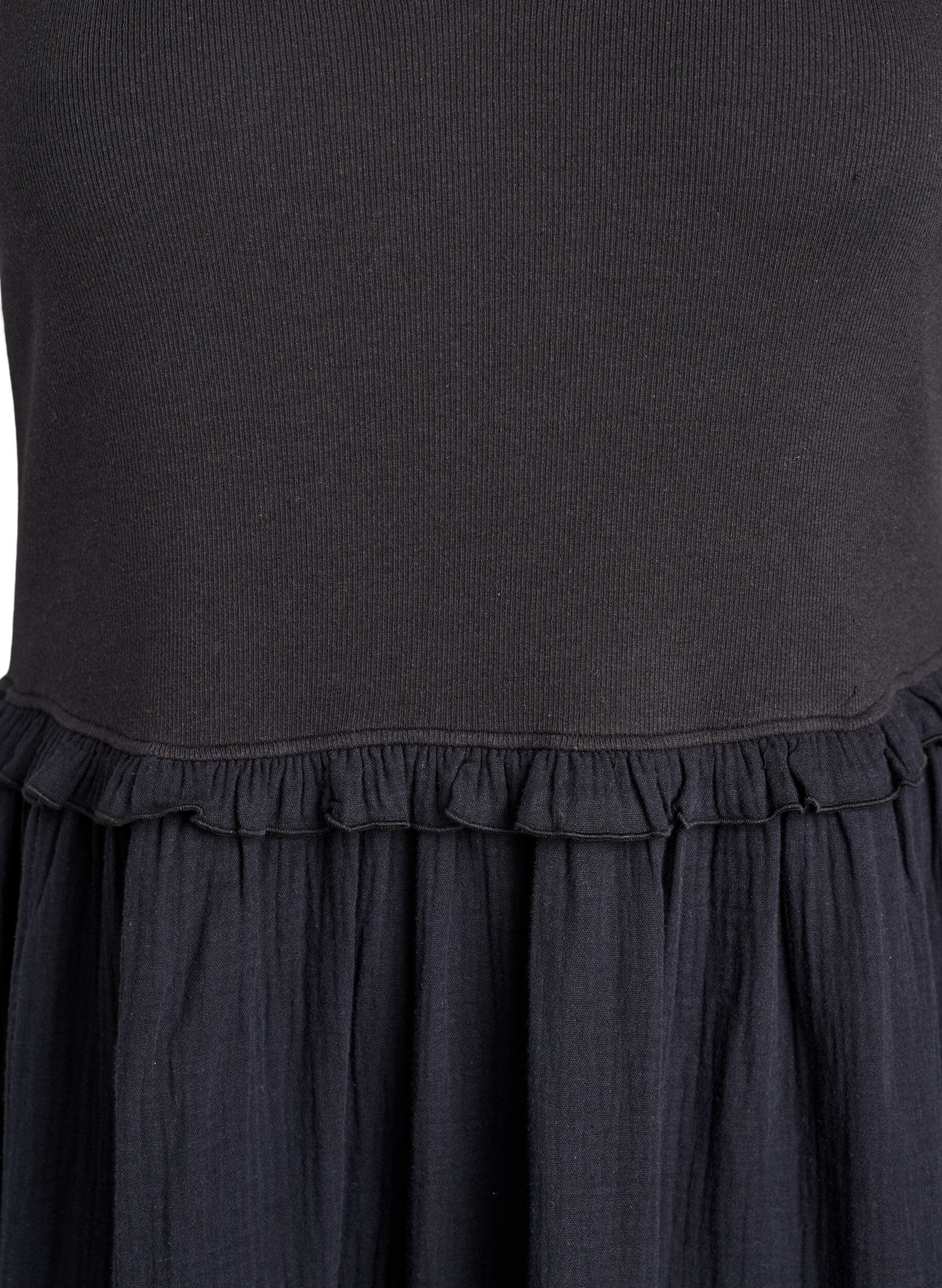 ZizziMouwloze katoenen midi-jurk met rib en mousseline, Zwart, Packshot image number 2