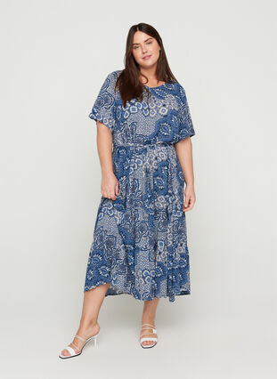 Midi-jurk met korte mouwen in viscose, Asian Blue Print, Model image number 0