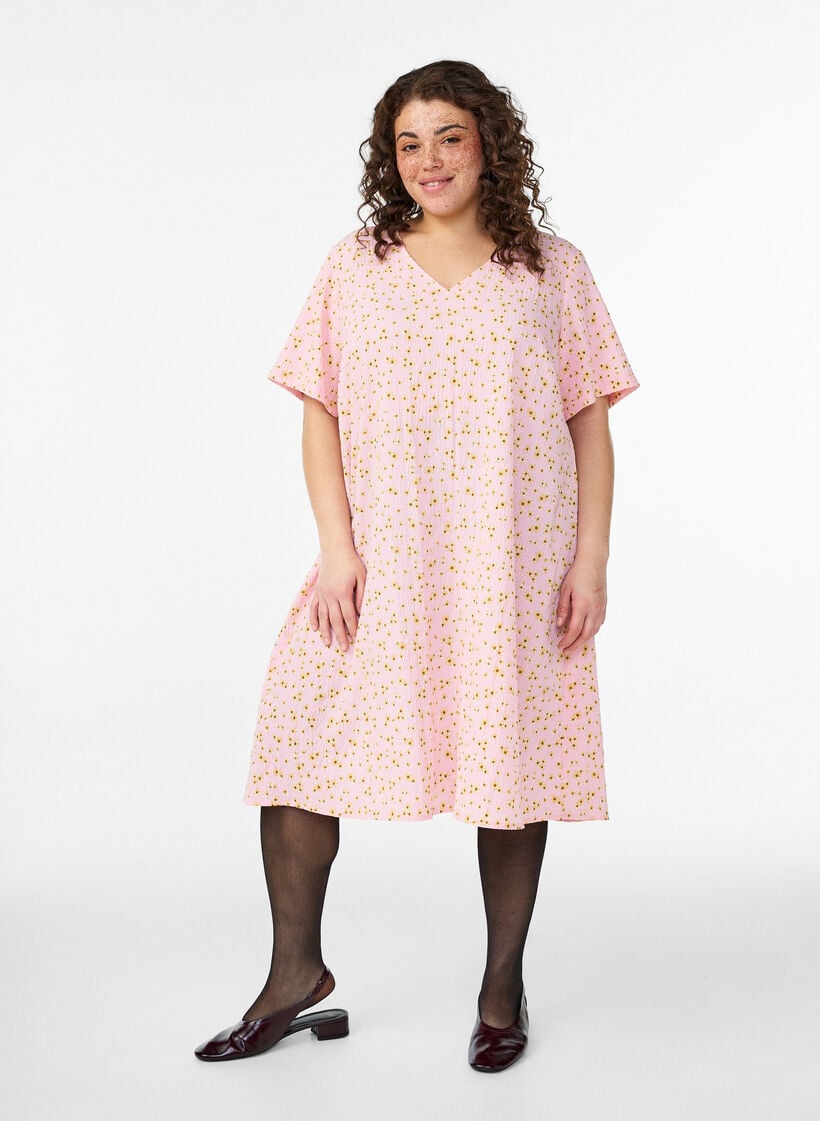 Robe &agrave; manches courtes avec col en V, Rose, Model image number 0