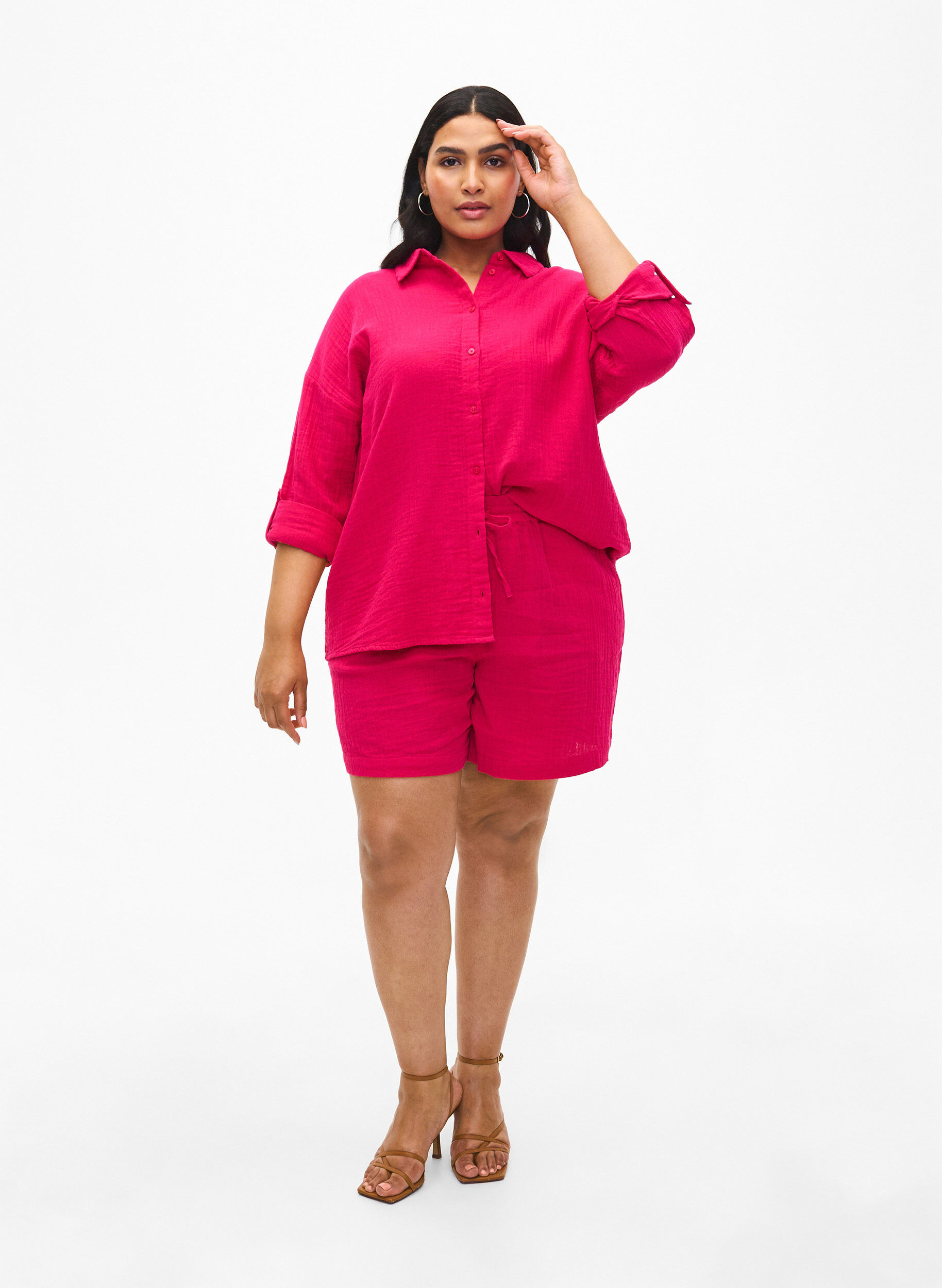 Zizzi Chemise avec col en mousseline de coton, Bright Rose, Model image number 2