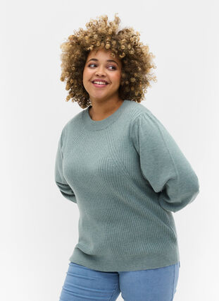 Pull en tricot à manches bouffantes, Sagebrush Green Mel, Model image number 0