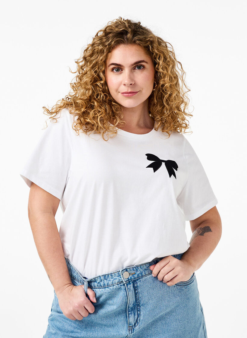 T-shirt en coton avec nœud papillon, Bright Wh. W. Black , Model image number 0