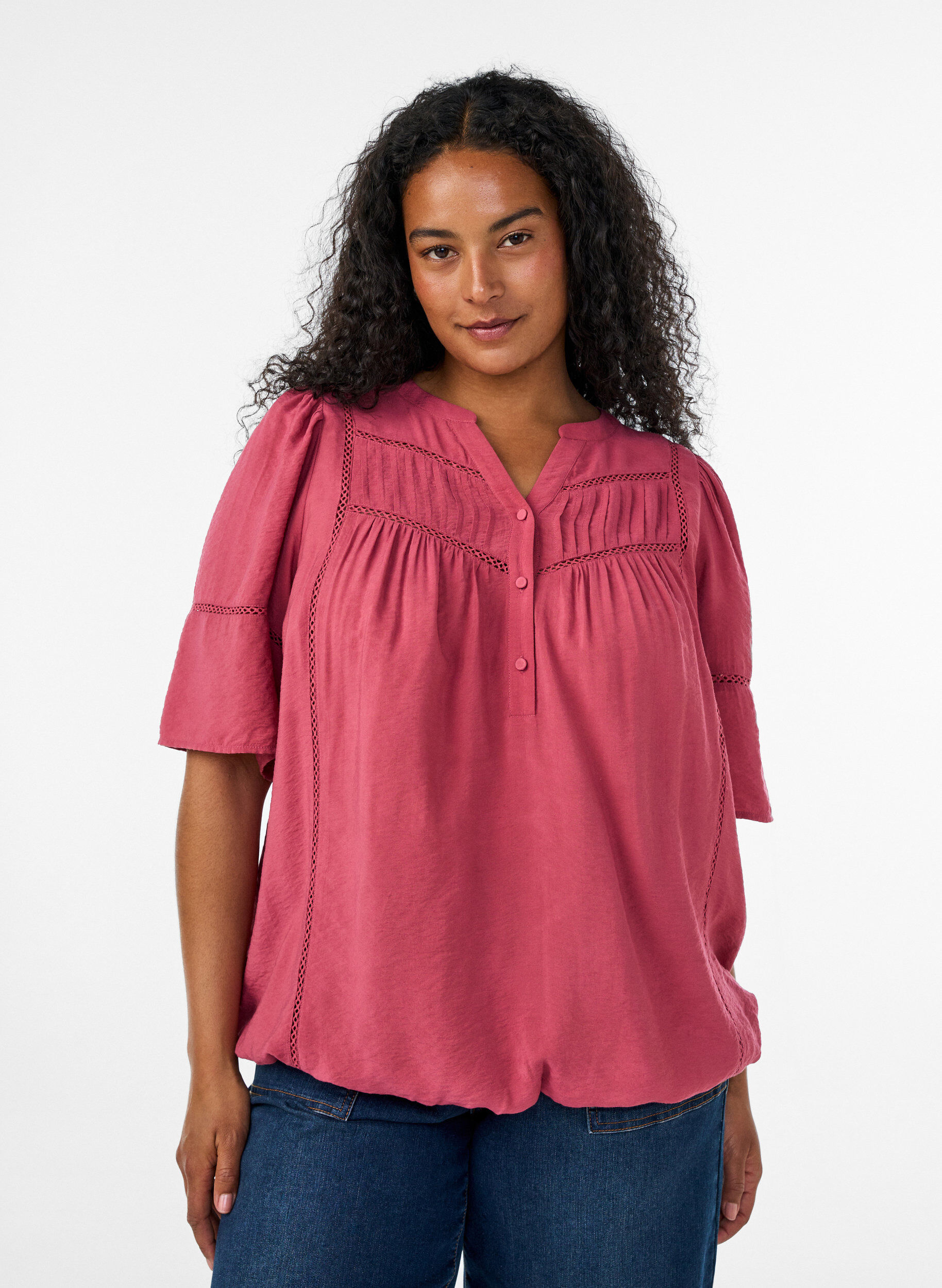 Viscose blouse met plooien en balloneffect, Roze, Model
