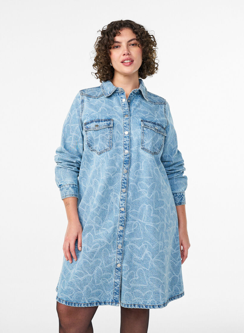 Robe en jean à motif cœurs, Bleu Clair, Model image number 0
