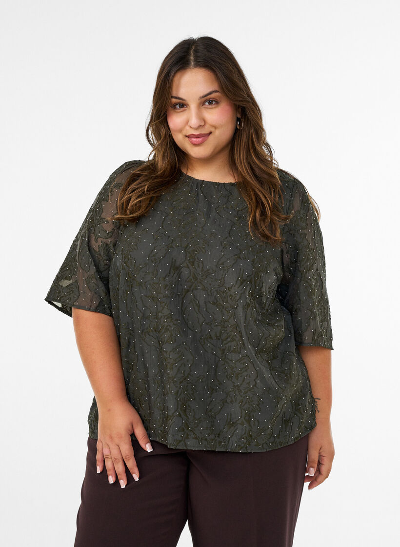 Jacquard blouse met sprankelende details en pofmouwen, Groen, Model image number 0