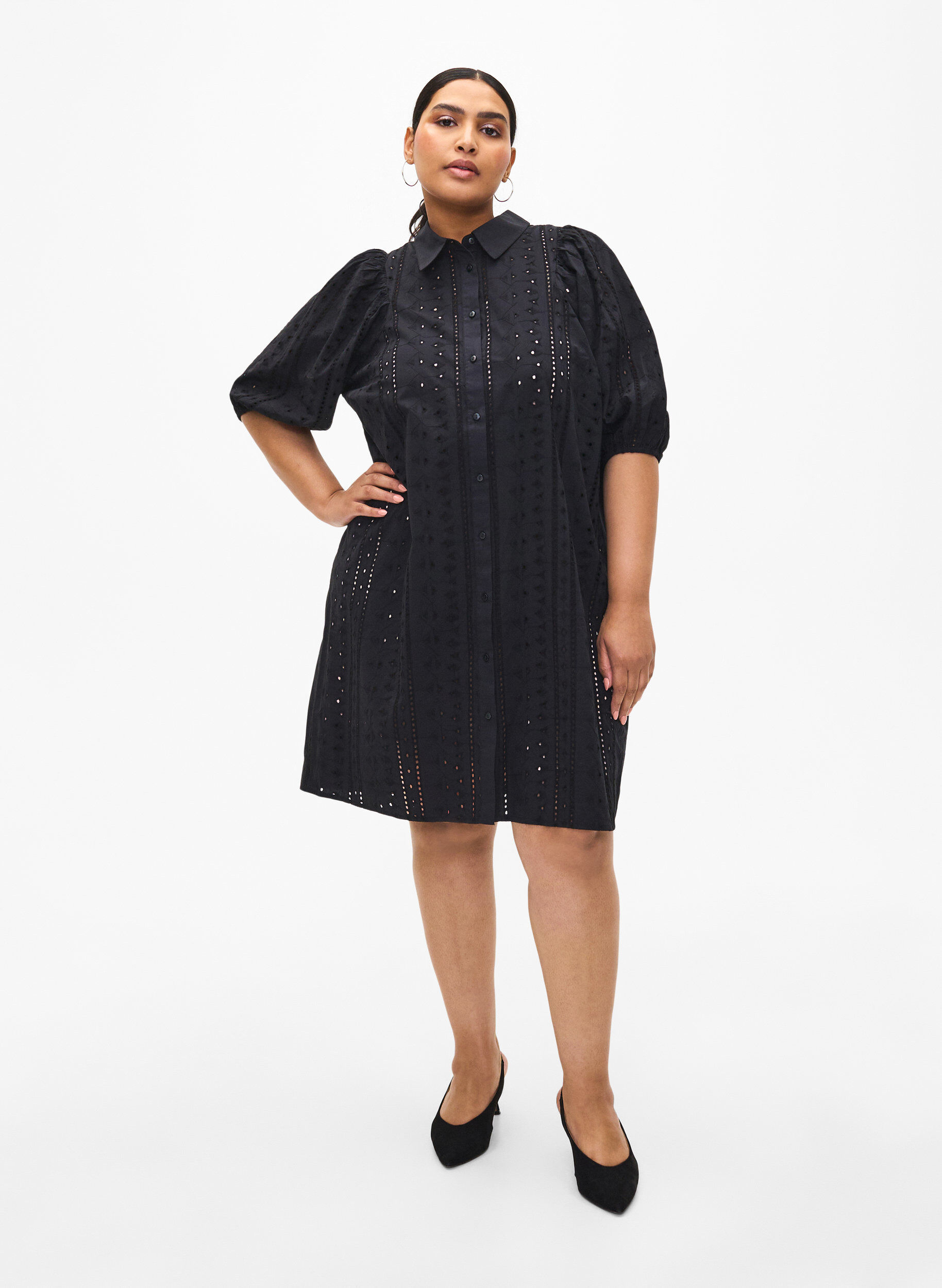 ZizziKatoenen overhemdjurk met broderie anglaise, Black, Model image number 2