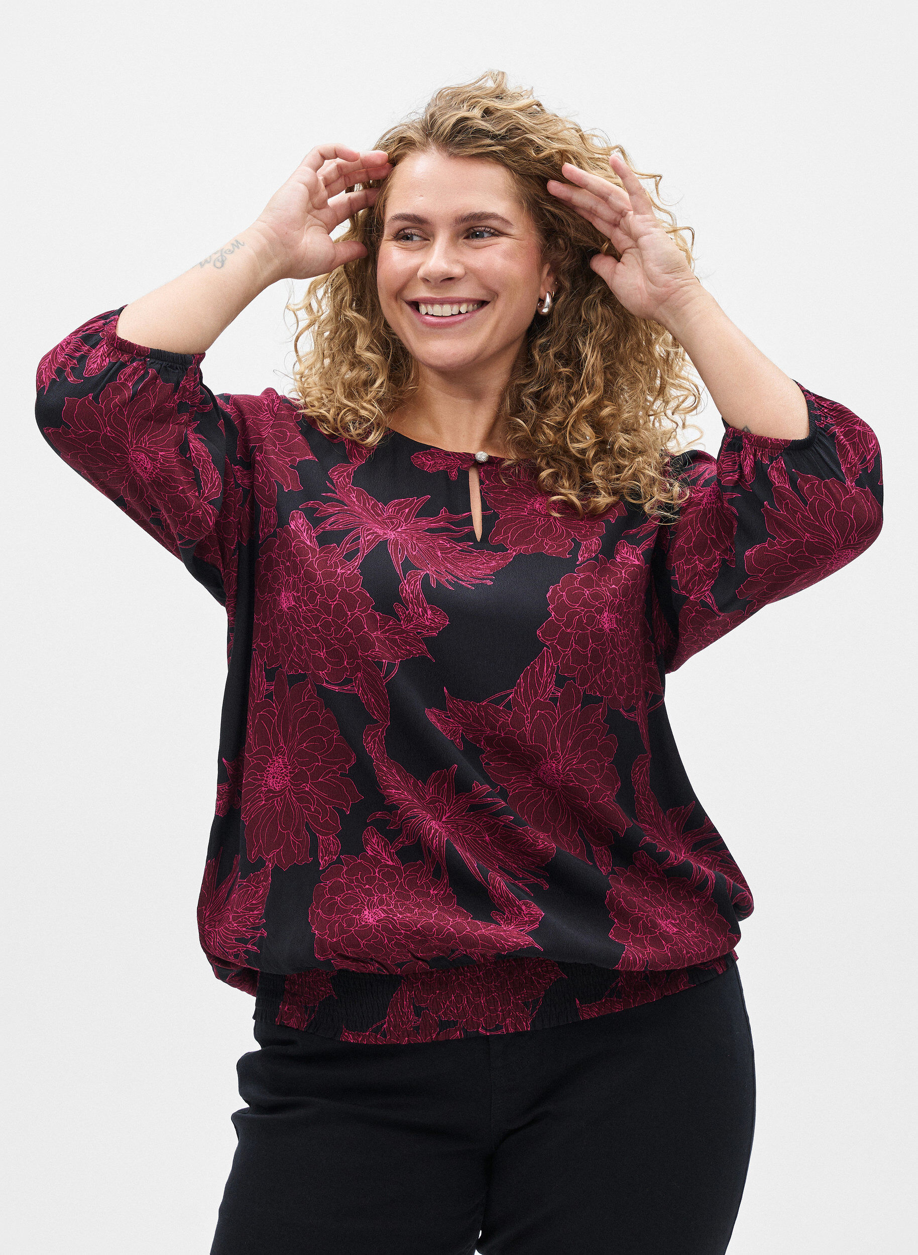 ZizziViscose blouse met bloemenprint en smockwerk, Donker Bordeaux, Model image number 0