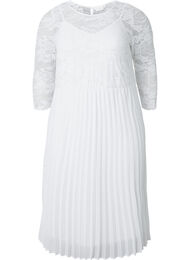 Geplooide jurk met kant en 3/4 mouwen, Bright White, Packshot