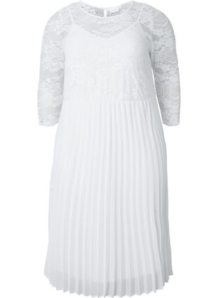 Geplooide jurk met kant en 3/4 mouwen, Bright White, Packshot image number 0
