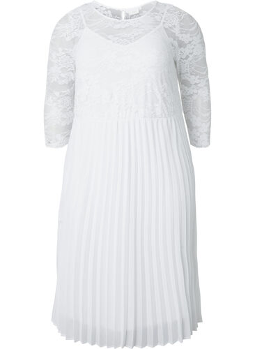 Robe plissée avec dentelle et manches 3/4, Bright White, Packshot image number 0
