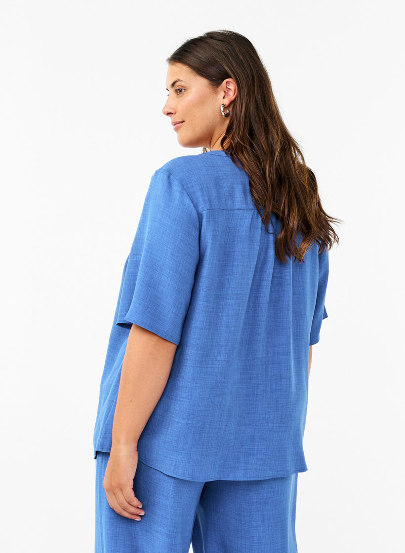 Overhemd blouse met V-hals en korte mouwen, Blauw, Model image number 2