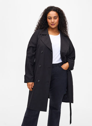 Trench-coat avec ceinture et fente, Black, Model image number 0