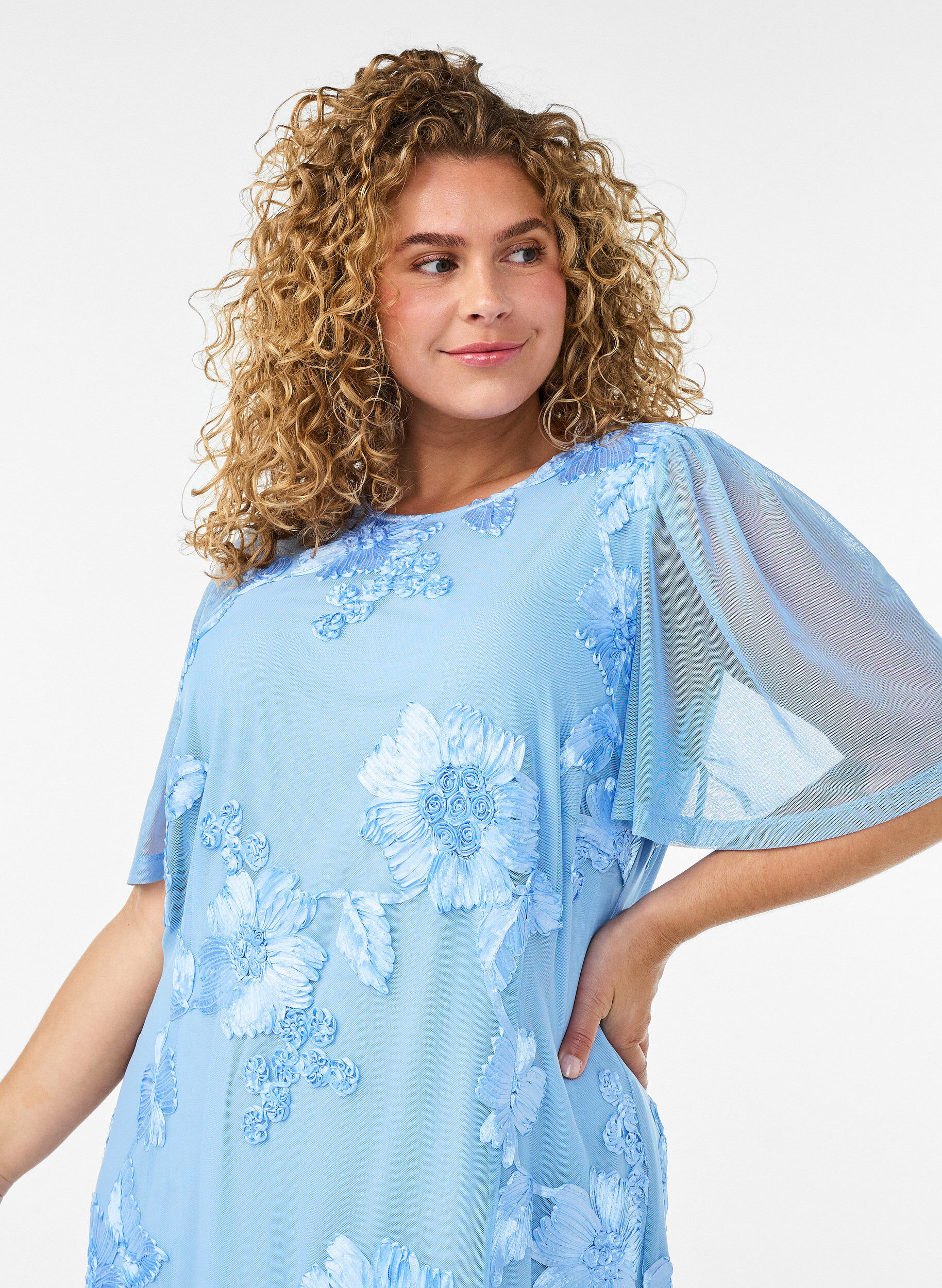 ZizziMeshjurk met bloemenapplicaties, Blauw, Model image number 2